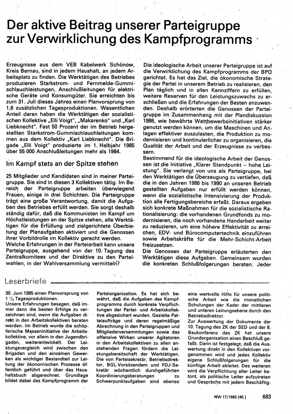 Neuer Weg (NW), Organ des Zentralkomitees (ZK) der SED (Sozialistische Einheitspartei Deutschlands) für Fragen des Parteilebens, 40. Jahrgang [Deutsche Demokratische Republik (DDR)] 1985, Seite 683 (NW ZK SED DDR 1985, S. 683)