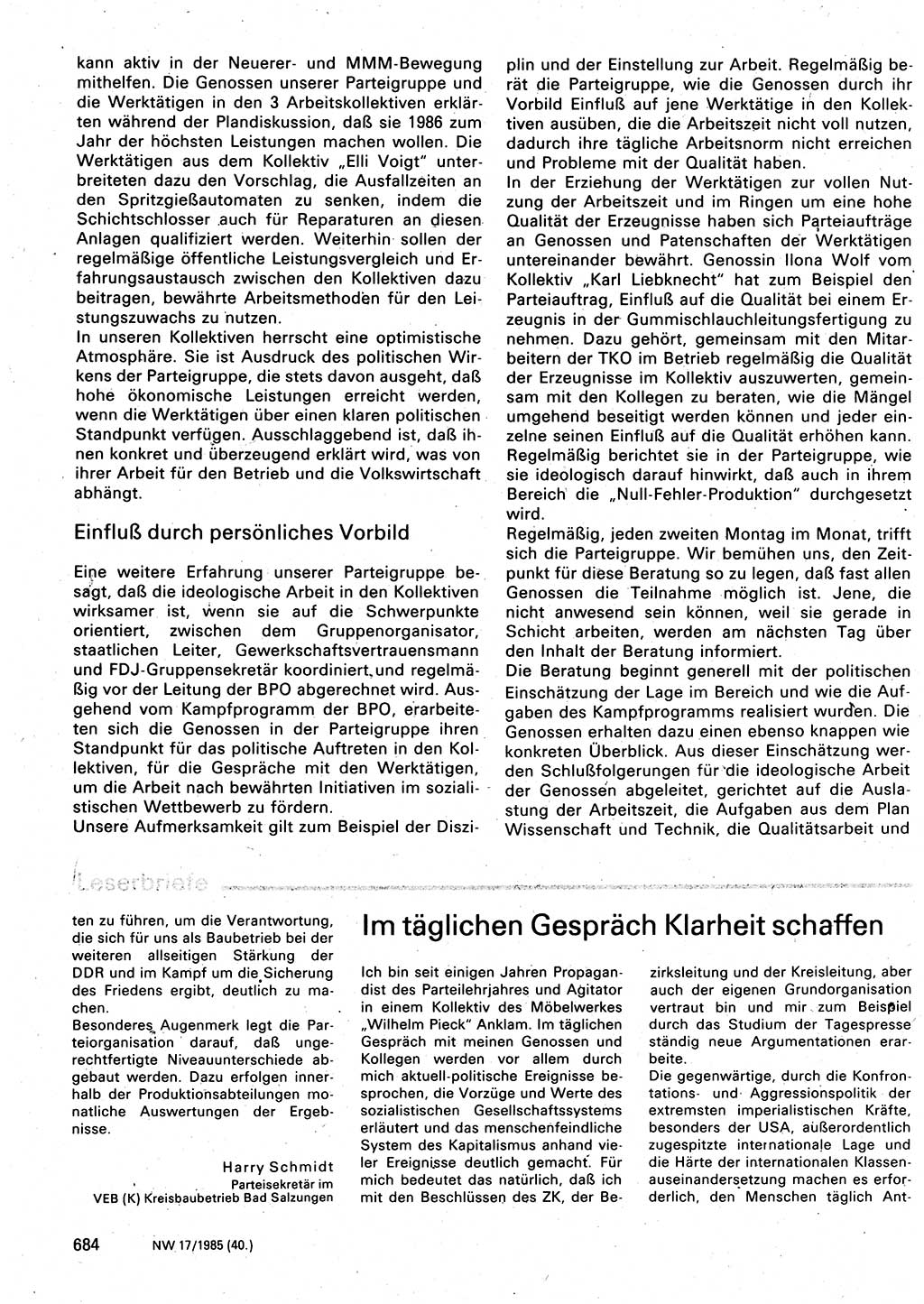 Neuer Weg (NW), Organ des Zentralkomitees (ZK) der SED (Sozialistische Einheitspartei Deutschlands) für Fragen des Parteilebens, 40. Jahrgang [Deutsche Demokratische Republik (DDR)] 1985, Seite 684 (NW ZK SED DDR 1985, S. 684)