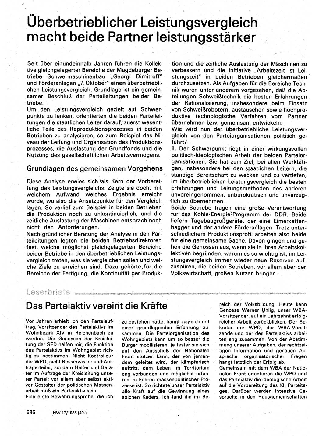 Neuer Weg (NW), Organ des Zentralkomitees (ZK) der SED (Sozialistische Einheitspartei Deutschlands) für Fragen des Parteilebens, 40. Jahrgang [Deutsche Demokratische Republik (DDR)] 1985, Seite 686 (NW ZK SED DDR 1985, S. 686)