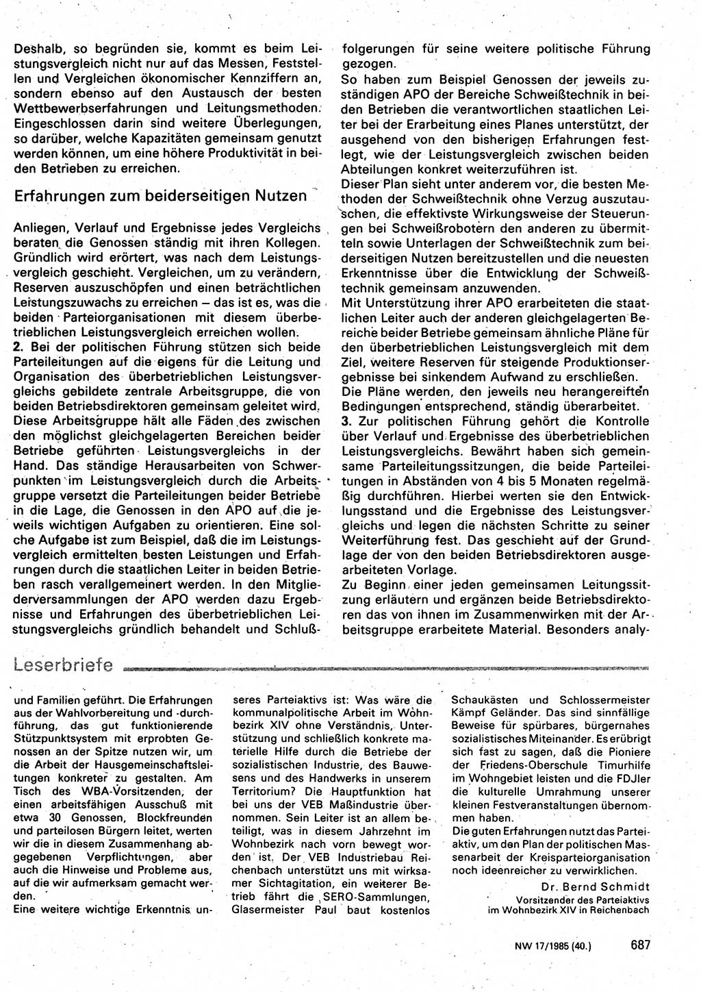 Neuer Weg (NW), Organ des Zentralkomitees (ZK) der SED (Sozialistische Einheitspartei Deutschlands) für Fragen des Parteilebens, 40. Jahrgang [Deutsche Demokratische Republik (DDR)] 1985, Seite 687 (NW ZK SED DDR 1985, S. 687)