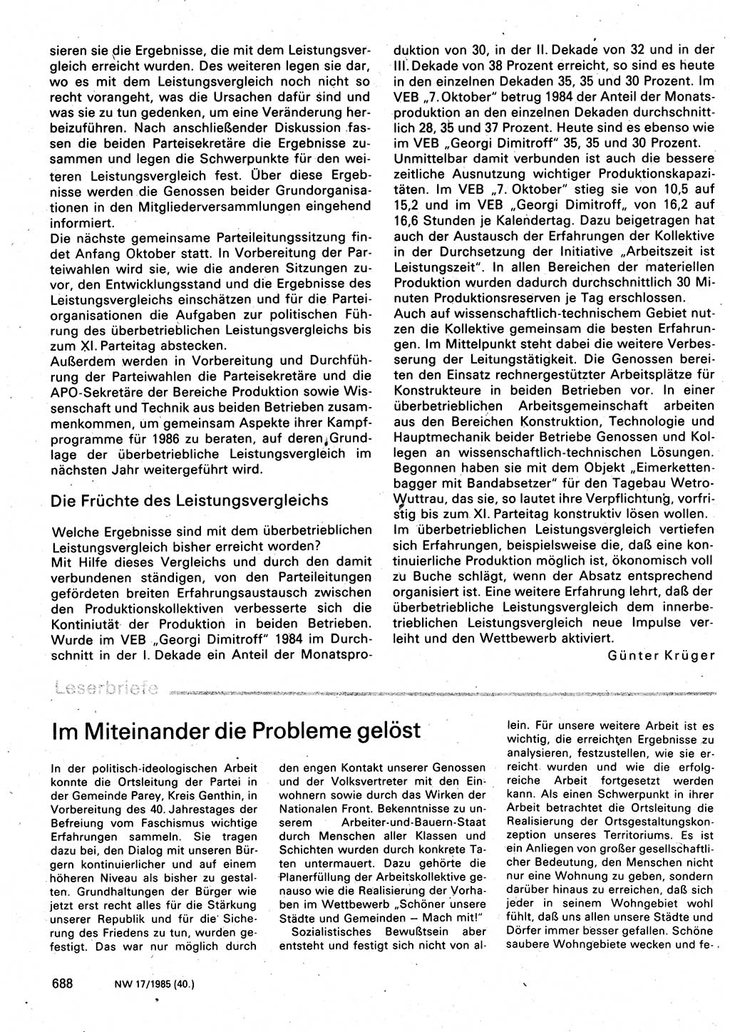 Neuer Weg (NW), Organ des Zentralkomitees (ZK) der SED (Sozialistische Einheitspartei Deutschlands) für Fragen des Parteilebens, 40. Jahrgang [Deutsche Demokratische Republik (DDR)] 1985, Seite 688 (NW ZK SED DDR 1985, S. 688)