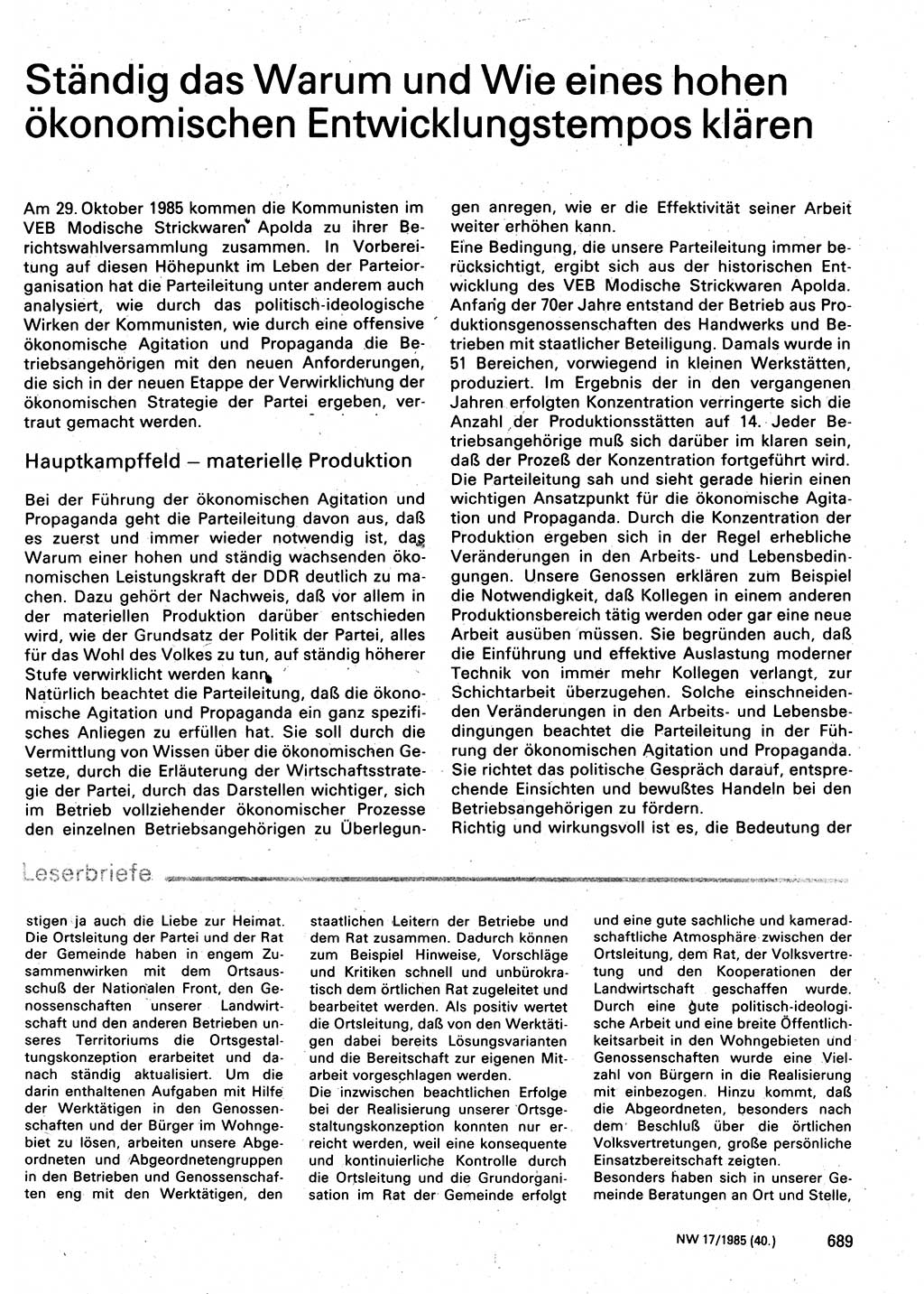 Neuer Weg (NW), Organ des Zentralkomitees (ZK) der SED (Sozialistische Einheitspartei Deutschlands) für Fragen des Parteilebens, 40. Jahrgang [Deutsche Demokratische Republik (DDR)] 1985, Seite 689 (NW ZK SED DDR 1985, S. 689)