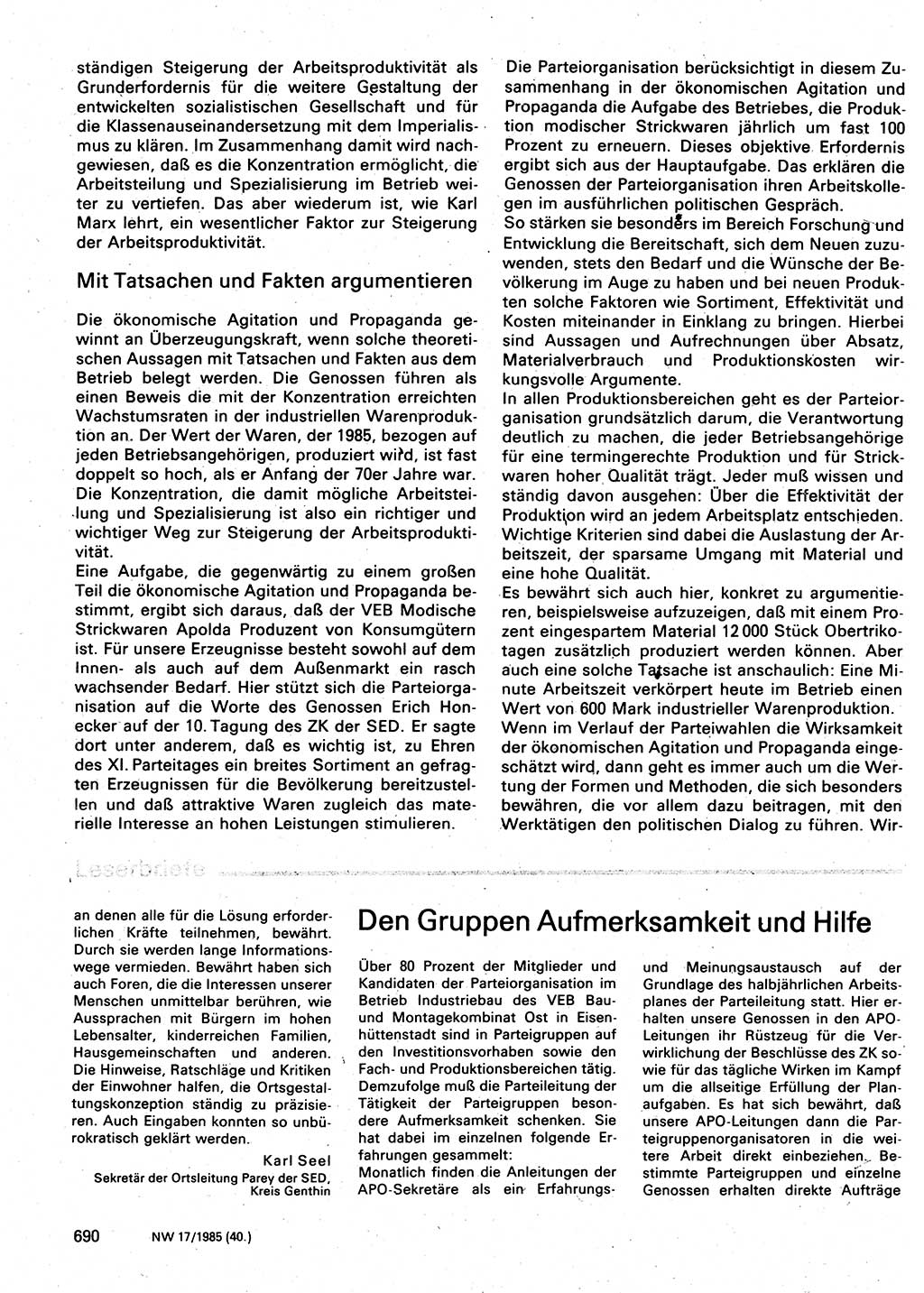 Neuer Weg (NW), Organ des Zentralkomitees (ZK) der SED (Sozialistische Einheitspartei Deutschlands) für Fragen des Parteilebens, 40. Jahrgang [Deutsche Demokratische Republik (DDR)] 1985, Seite 690 (NW ZK SED DDR 1985, S. 690)