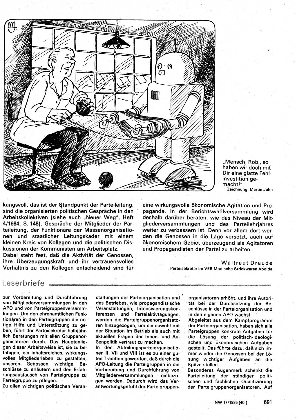 Neuer Weg (NW), Organ des Zentralkomitees (ZK) der SED (Sozialistische Einheitspartei Deutschlands) für Fragen des Parteilebens, 40. Jahrgang [Deutsche Demokratische Republik (DDR)] 1985, Seite 691 (NW ZK SED DDR 1985, S. 691)
