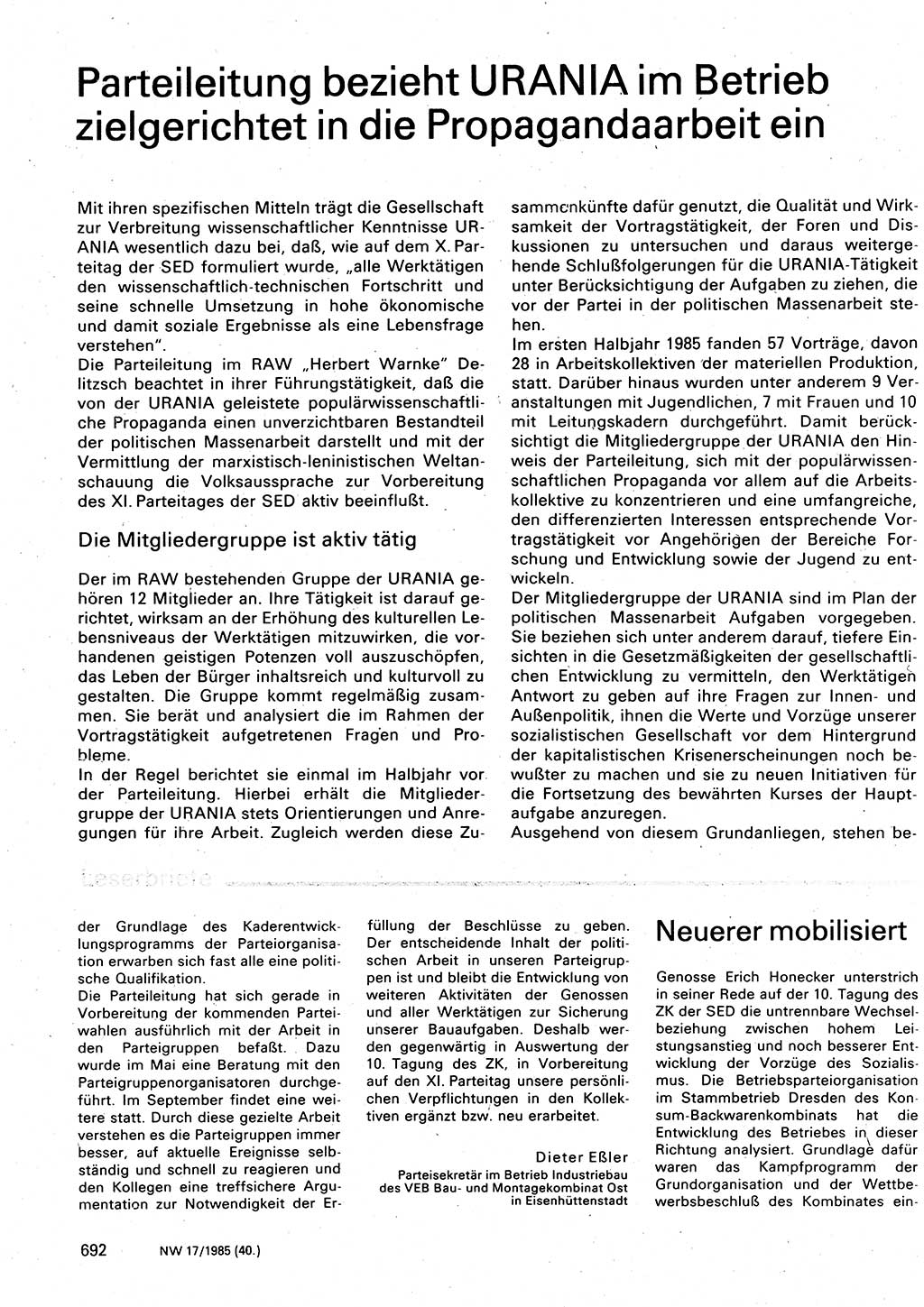 Neuer Weg (NW), Organ des Zentralkomitees (ZK) der SED (Sozialistische Einheitspartei Deutschlands) für Fragen des Parteilebens, 40. Jahrgang [Deutsche Demokratische Republik (DDR)] 1985, Seite 692 (NW ZK SED DDR 1985, S. 692)