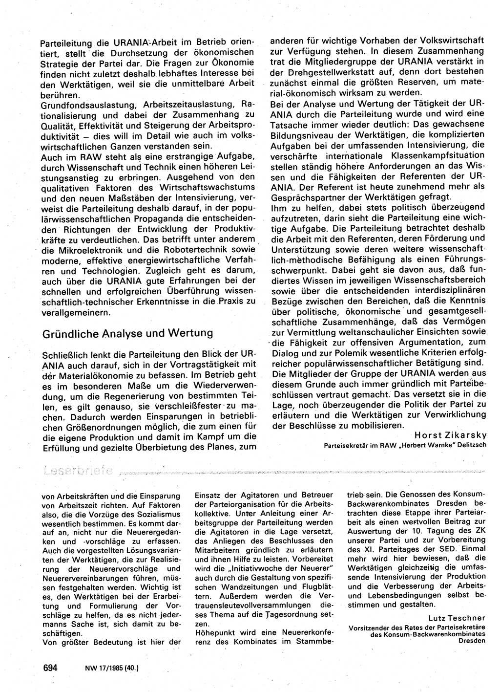 Neuer Weg (NW), Organ des Zentralkomitees (ZK) der SED (Sozialistische Einheitspartei Deutschlands) für Fragen des Parteilebens, 40. Jahrgang [Deutsche Demokratische Republik (DDR)] 1985, Seite 694 (NW ZK SED DDR 1985, S. 694)