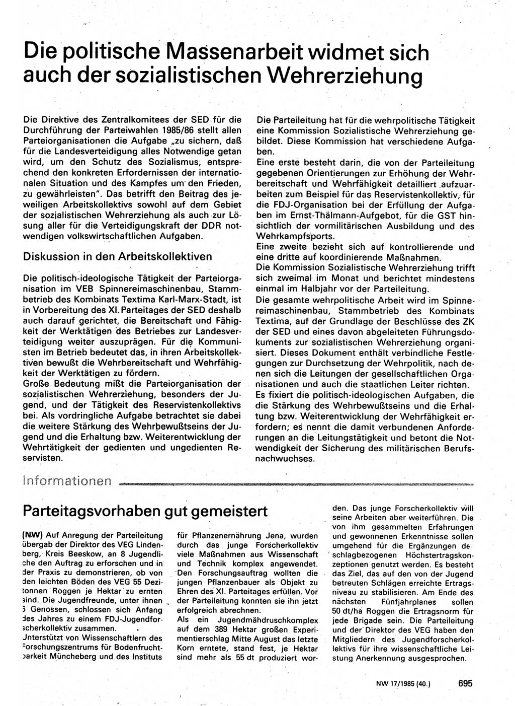 Neuer Weg (NW), Organ des Zentralkomitees (ZK) der SED (Sozialistische Einheitspartei Deutschlands) für Fragen des Parteilebens, 40. Jahrgang [Deutsche Demokratische Republik (DDR)] 1985, Seite 695 (NW ZK SED DDR 1985, S. 695)