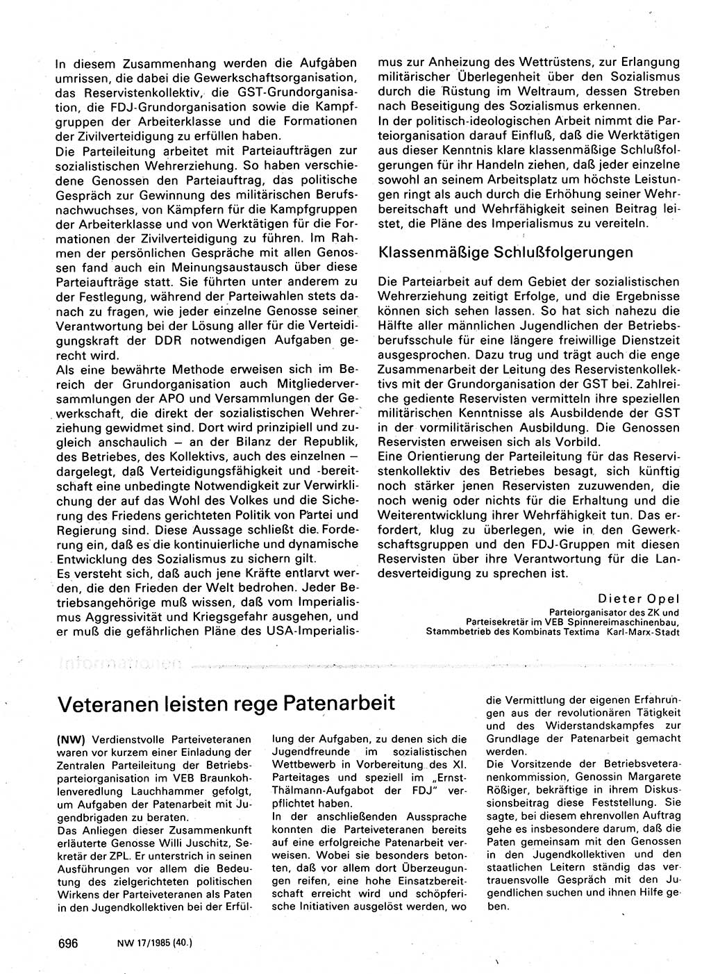 Neuer Weg (NW), Organ des Zentralkomitees (ZK) der SED (Sozialistische Einheitspartei Deutschlands) für Fragen des Parteilebens, 40. Jahrgang [Deutsche Demokratische Republik (DDR)] 1985, Seite 696 (NW ZK SED DDR 1985, S. 696)