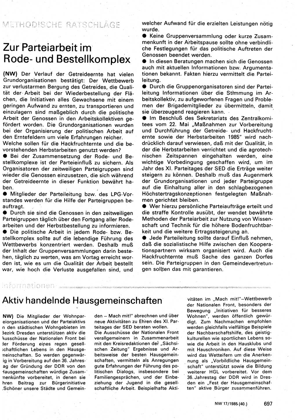 Neuer Weg (NW), Organ des Zentralkomitees (ZK) der SED (Sozialistische Einheitspartei Deutschlands) für Fragen des Parteilebens, 40. Jahrgang [Deutsche Demokratische Republik (DDR)] 1985, Seite 697 (NW ZK SED DDR 1985, S. 697)