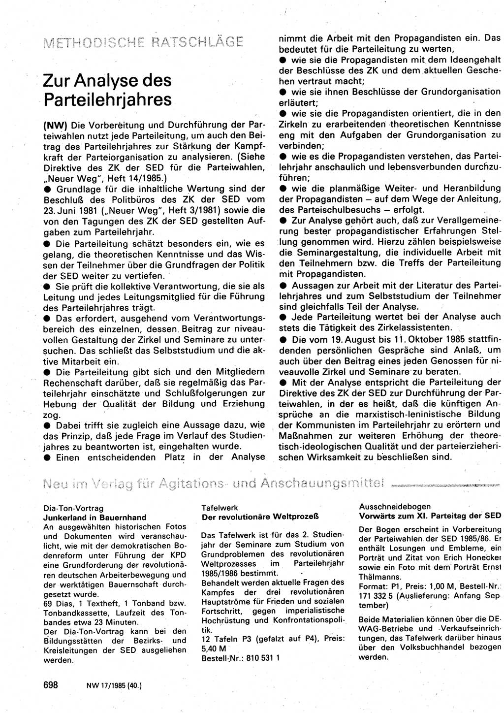 Neuer Weg (NW), Organ des Zentralkomitees (ZK) der SED (Sozialistische Einheitspartei Deutschlands) für Fragen des Parteilebens, 40. Jahrgang [Deutsche Demokratische Republik (DDR)] 1985, Seite 698 (NW ZK SED DDR 1985, S. 698)