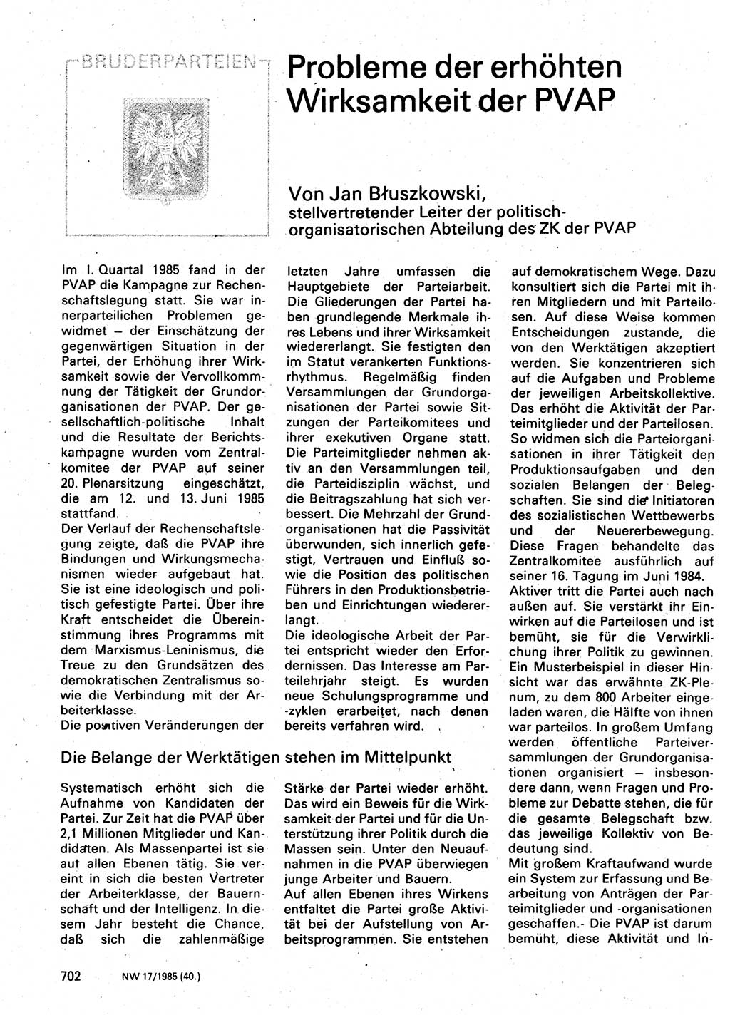 Neuer Weg (NW), Organ des Zentralkomitees (ZK) der SED (Sozialistische Einheitspartei Deutschlands) für Fragen des Parteilebens, 40. Jahrgang [Deutsche Demokratische Republik (DDR)] 1985, Seite 702 (NW ZK SED DDR 1985, S. 702)