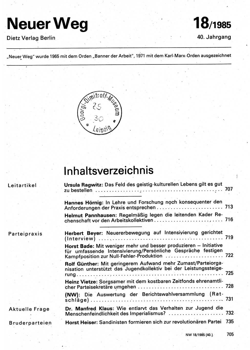 Neuer Weg (NW), Organ des Zentralkomitees (ZK) der SED (Sozialistische Einheitspartei Deutschlands) für Fragen des Parteilebens, 40. Jahrgang [Deutsche Demokratische Republik (DDR)] 1985, Seite 705 (NW ZK SED DDR 1985, S. 705)