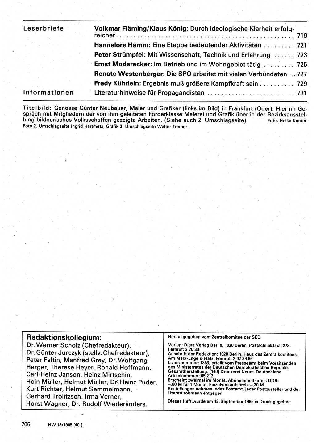 Neuer Weg (NW), Organ des Zentralkomitees (ZK) der SED (Sozialistische Einheitspartei Deutschlands) für Fragen des Parteilebens, 40. Jahrgang [Deutsche Demokratische Republik (DDR)] 1985, Seite 706 (NW ZK SED DDR 1985, S. 706)