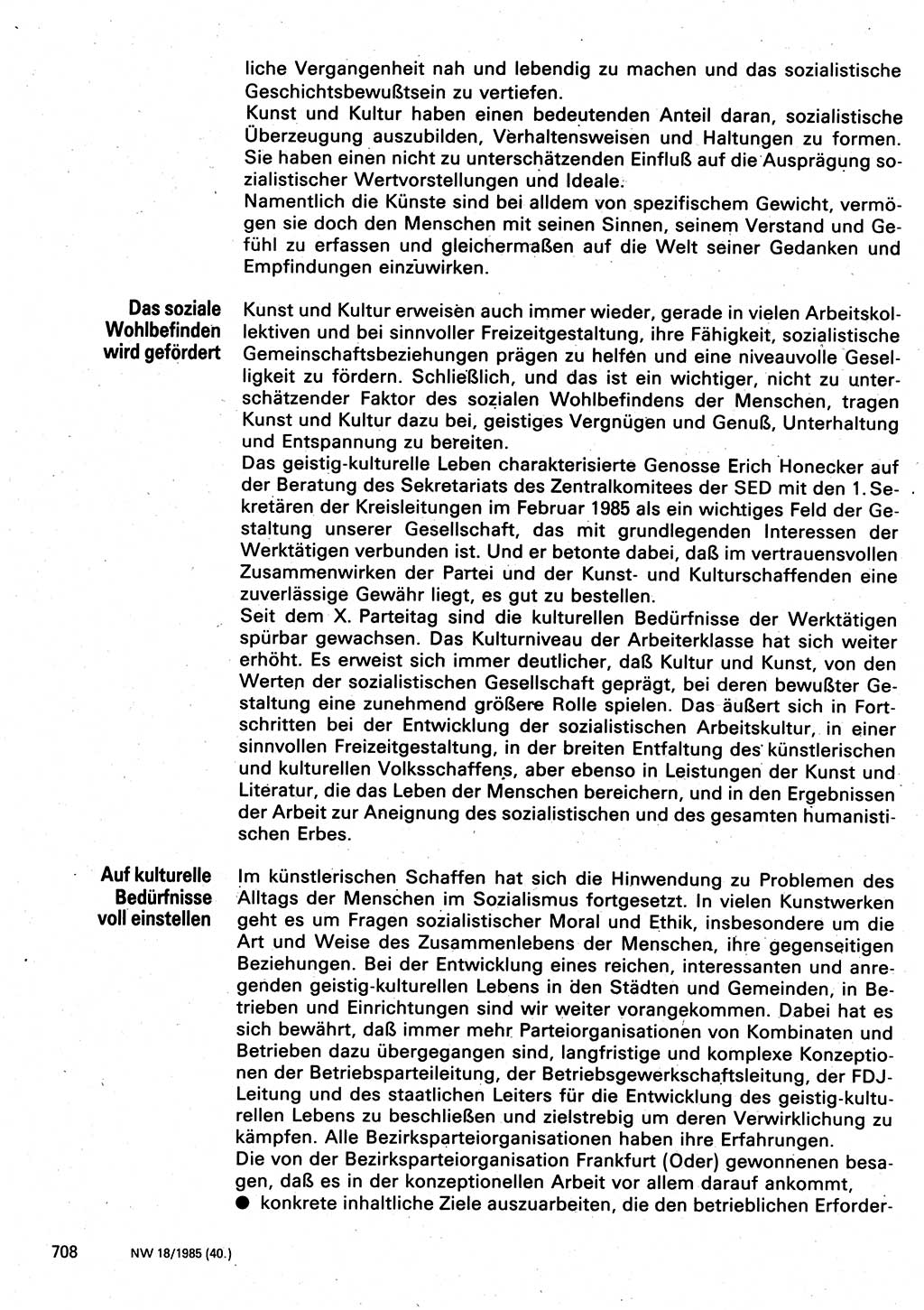 Neuer Weg (NW), Organ des Zentralkomitees (ZK) der SED (Sozialistische Einheitspartei Deutschlands) für Fragen des Parteilebens, 40. Jahrgang [Deutsche Demokratische Republik (DDR)] 1985, Seite 708 (NW ZK SED DDR 1985, S. 708)