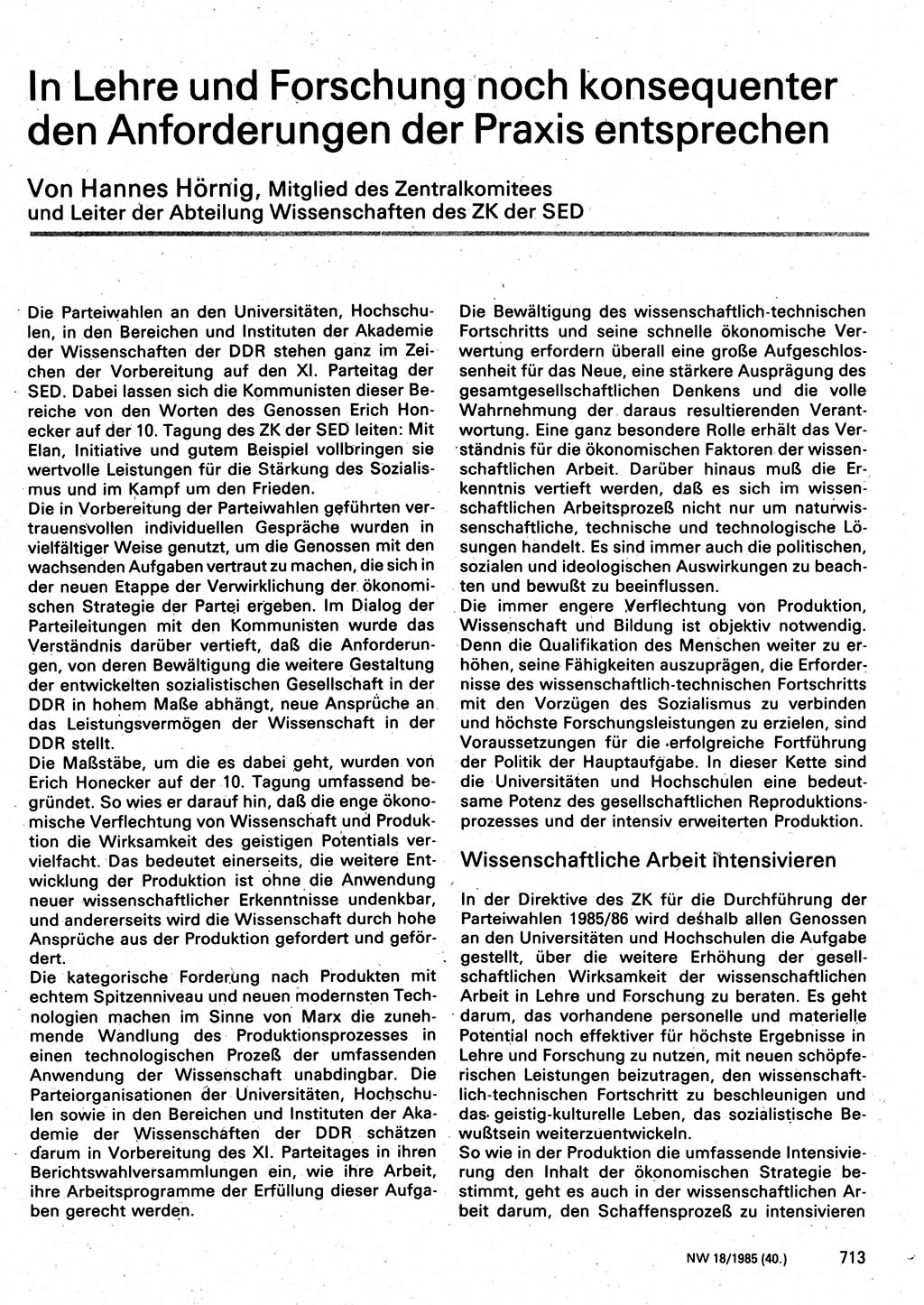 Neuer Weg (NW), Organ des Zentralkomitees (ZK) der SED (Sozialistische Einheitspartei Deutschlands) für Fragen des Parteilebens, 40. Jahrgang [Deutsche Demokratische Republik (DDR)] 1985, Seite 713 (NW ZK SED DDR 1985, S. 713)