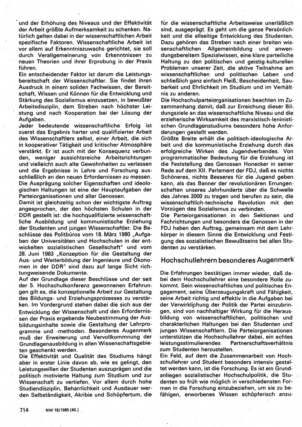 Neuer Weg (NW), Organ des Zentralkomitees (ZK) der SED (Sozialistische Einheitspartei Deutschlands) für Fragen des Parteilebens, 40. Jahrgang [Deutsche Demokratische Republik (DDR)] 1985, Seite 714 (NW ZK SED DDR 1985, S. 714)