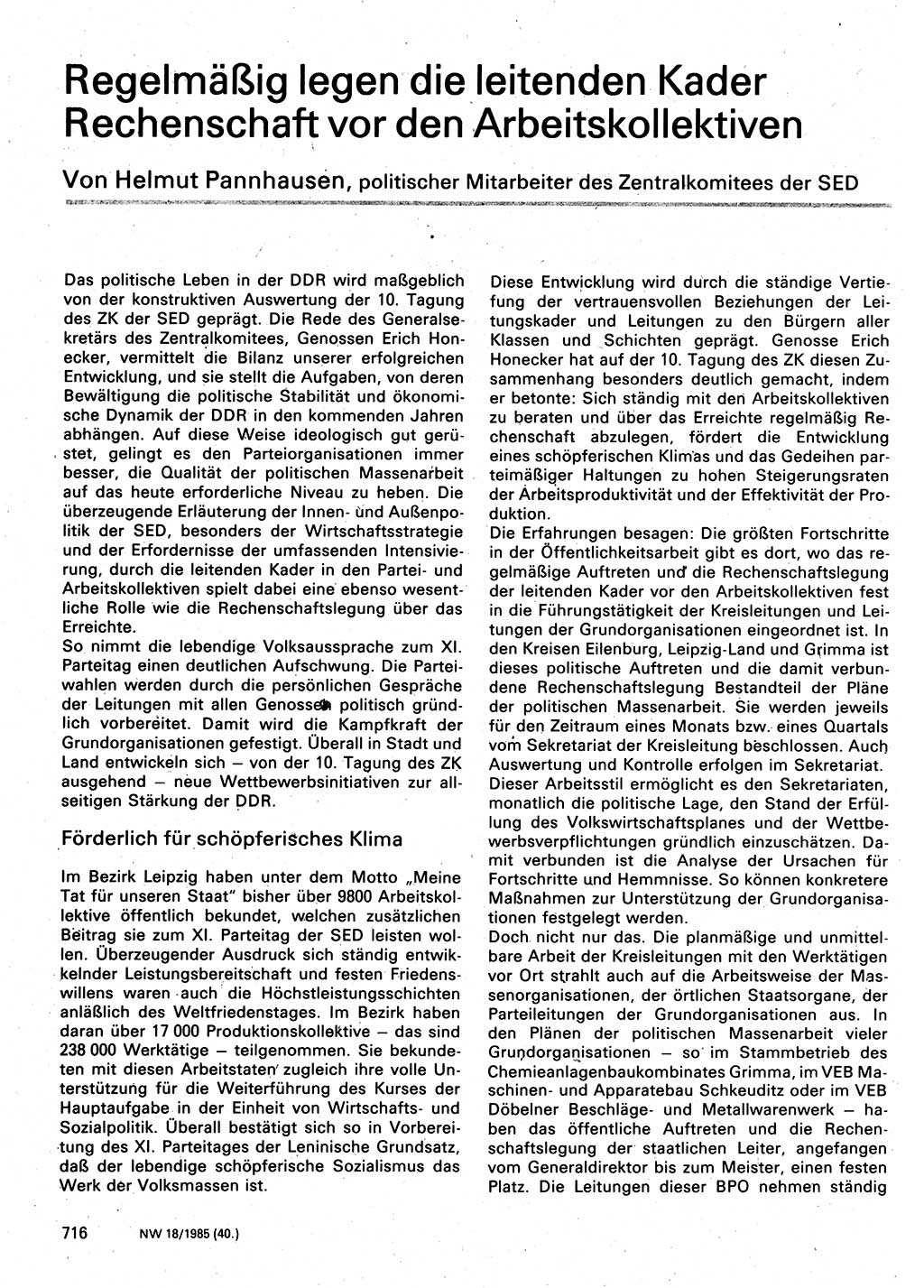 Neuer Weg (NW), Organ des Zentralkomitees (ZK) der SED (Sozialistische Einheitspartei Deutschlands) für Fragen des Parteilebens, 40. Jahrgang [Deutsche Demokratische Republik (DDR)] 1985, Seite 716 (NW ZK SED DDR 1985, S. 716)