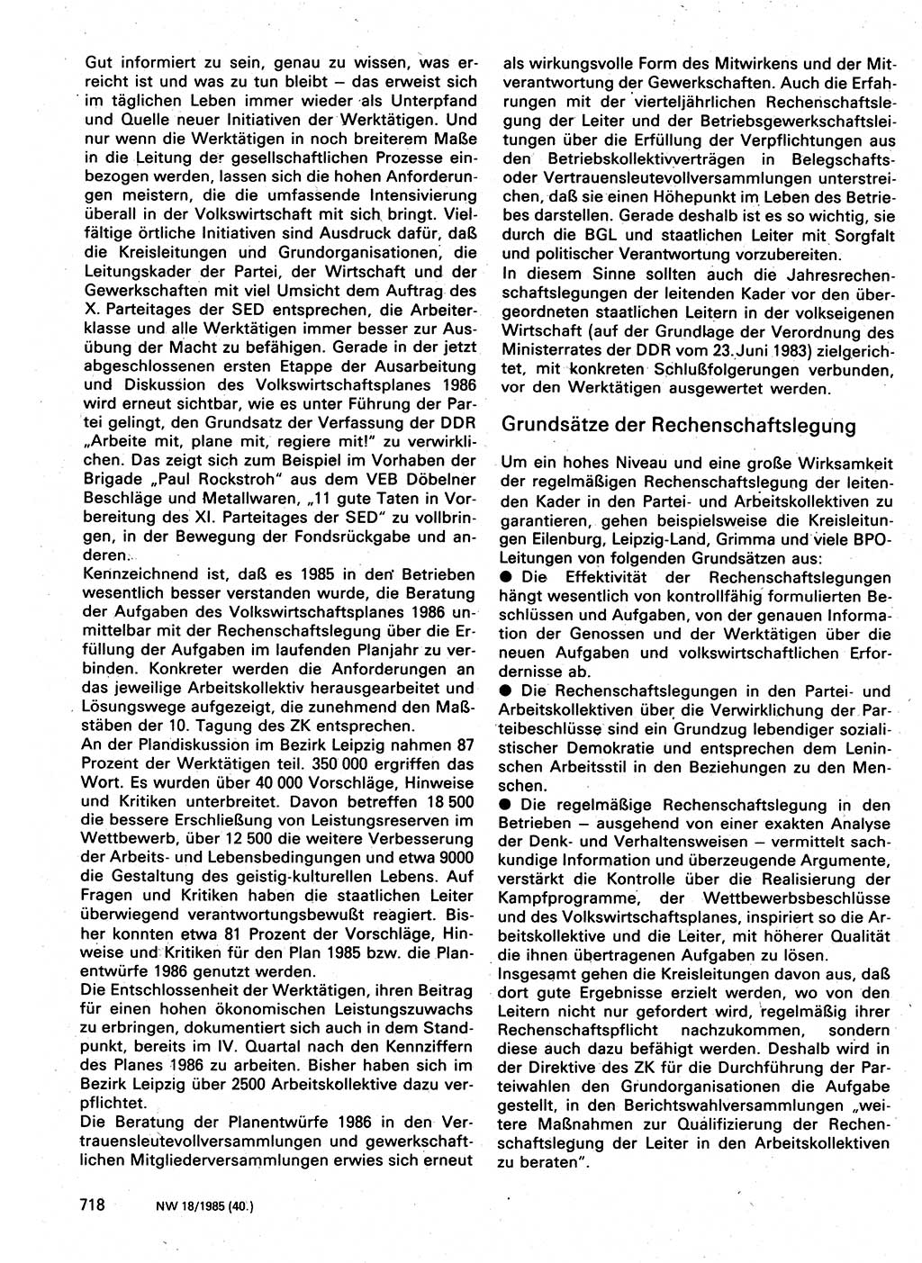 Neuer Weg (NW), Organ des Zentralkomitees (ZK) der SED (Sozialistische Einheitspartei Deutschlands) für Fragen des Parteilebens, 40. Jahrgang [Deutsche Demokratische Republik (DDR)] 1985, Seite 718 (NW ZK SED DDR 1985, S. 718)