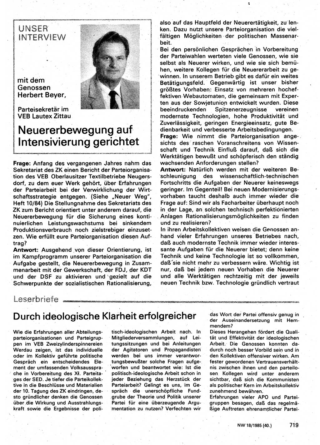 Neuer Weg (NW), Organ des Zentralkomitees (ZK) der SED (Sozialistische Einheitspartei Deutschlands) für Fragen des Parteilebens, 40. Jahrgang [Deutsche Demokratische Republik (DDR)] 1985, Seite 719 (NW ZK SED DDR 1985, S. 719)