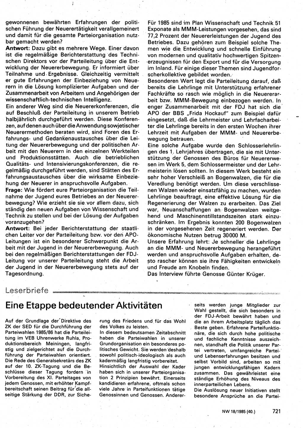 Neuer Weg (NW), Organ des Zentralkomitees (ZK) der SED (Sozialistische Einheitspartei Deutschlands) für Fragen des Parteilebens, 40. Jahrgang [Deutsche Demokratische Republik (DDR)] 1985, Seite 721 (NW ZK SED DDR 1985, S. 721)