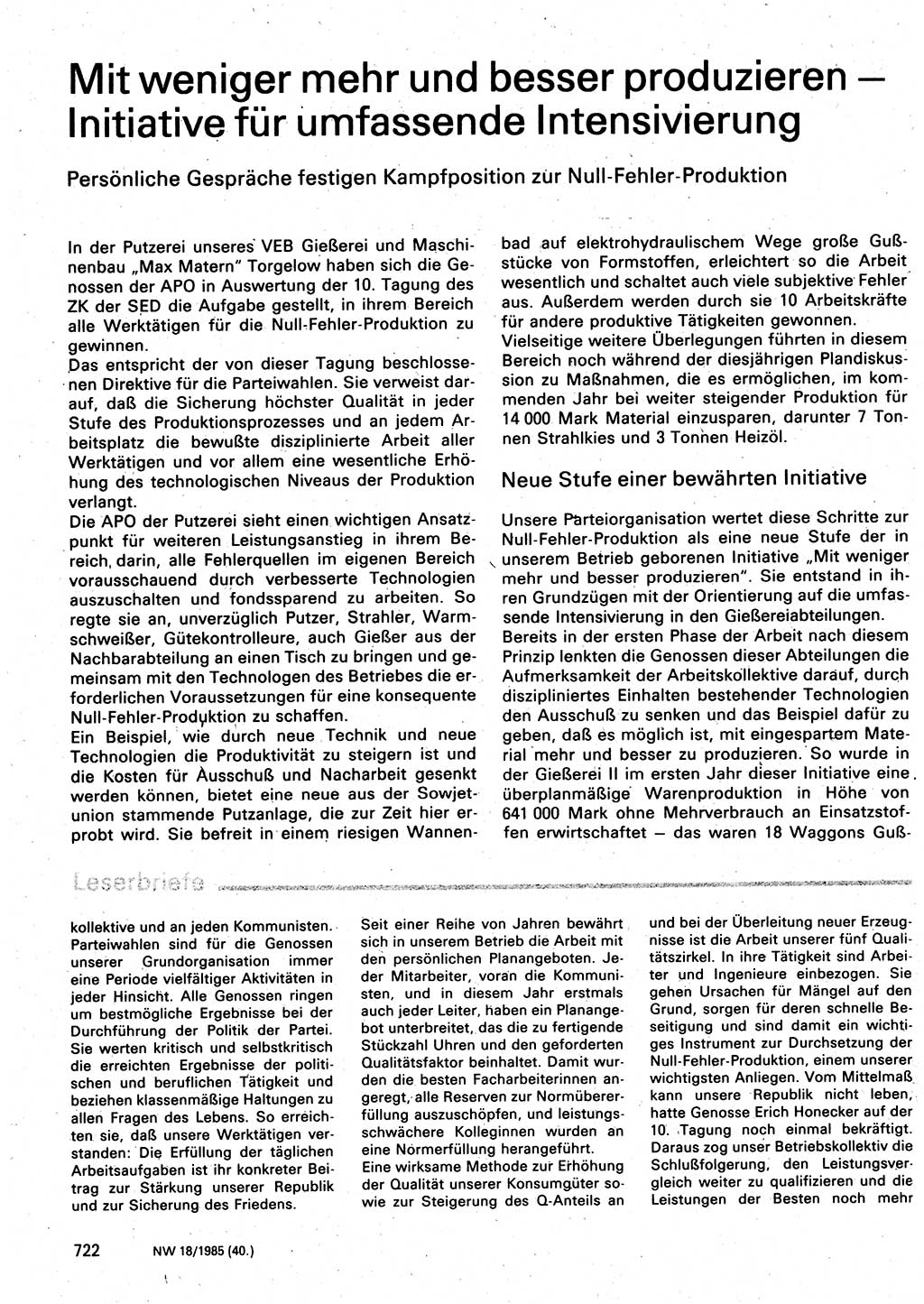 Neuer Weg (NW), Organ des Zentralkomitees (ZK) der SED (Sozialistische Einheitspartei Deutschlands) für Fragen des Parteilebens, 40. Jahrgang [Deutsche Demokratische Republik (DDR)] 1985, Seite 722 (NW ZK SED DDR 1985, S. 722)