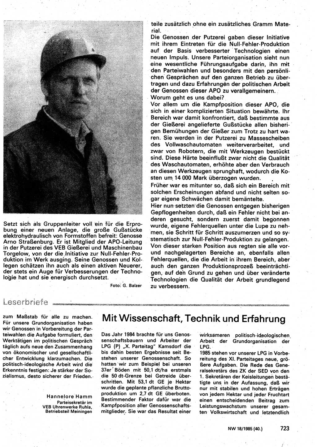 Neuer Weg (NW), Organ des Zentralkomitees (ZK) der SED (Sozialistische Einheitspartei Deutschlands) für Fragen des Parteilebens, 40. Jahrgang [Deutsche Demokratische Republik (DDR)] 1985, Seite 723 (NW ZK SED DDR 1985, S. 723)