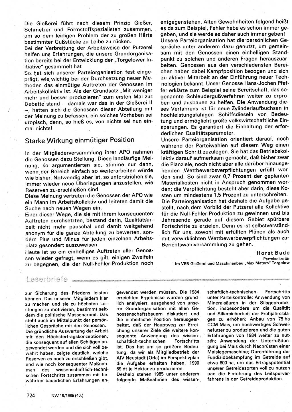 Neuer Weg (NW), Organ des Zentralkomitees (ZK) der SED (Sozialistische Einheitspartei Deutschlands) für Fragen des Parteilebens, 40. Jahrgang [Deutsche Demokratische Republik (DDR)] 1985, Seite 724 (NW ZK SED DDR 1985, S. 724)