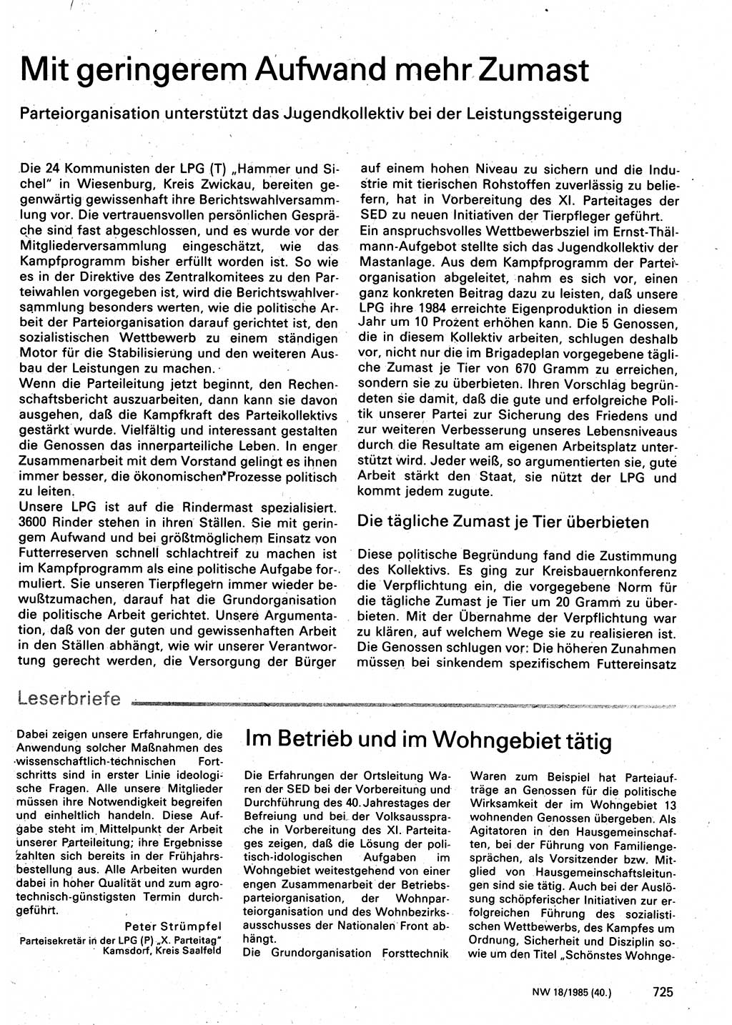 Neuer Weg (NW), Organ des Zentralkomitees (ZK) der SED (Sozialistische Einheitspartei Deutschlands) für Fragen des Parteilebens, 40. Jahrgang [Deutsche Demokratische Republik (DDR)] 1985, Seite 725 (NW ZK SED DDR 1985, S. 725)