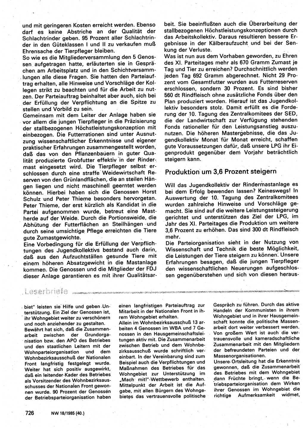 Neuer Weg (NW), Organ des Zentralkomitees (ZK) der SED (Sozialistische Einheitspartei Deutschlands) für Fragen des Parteilebens, 40. Jahrgang [Deutsche Demokratische Republik (DDR)] 1985, Seite 726 (NW ZK SED DDR 1985, S. 726)