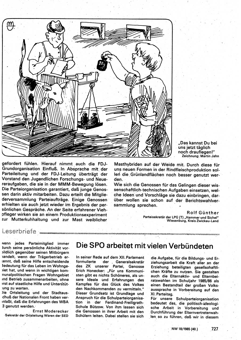 Neuer Weg (NW), Organ des Zentralkomitees (ZK) der SED (Sozialistische Einheitspartei Deutschlands) für Fragen des Parteilebens, 40. Jahrgang [Deutsche Demokratische Republik (DDR)] 1985, Seite 727 (NW ZK SED DDR 1985, S. 727)