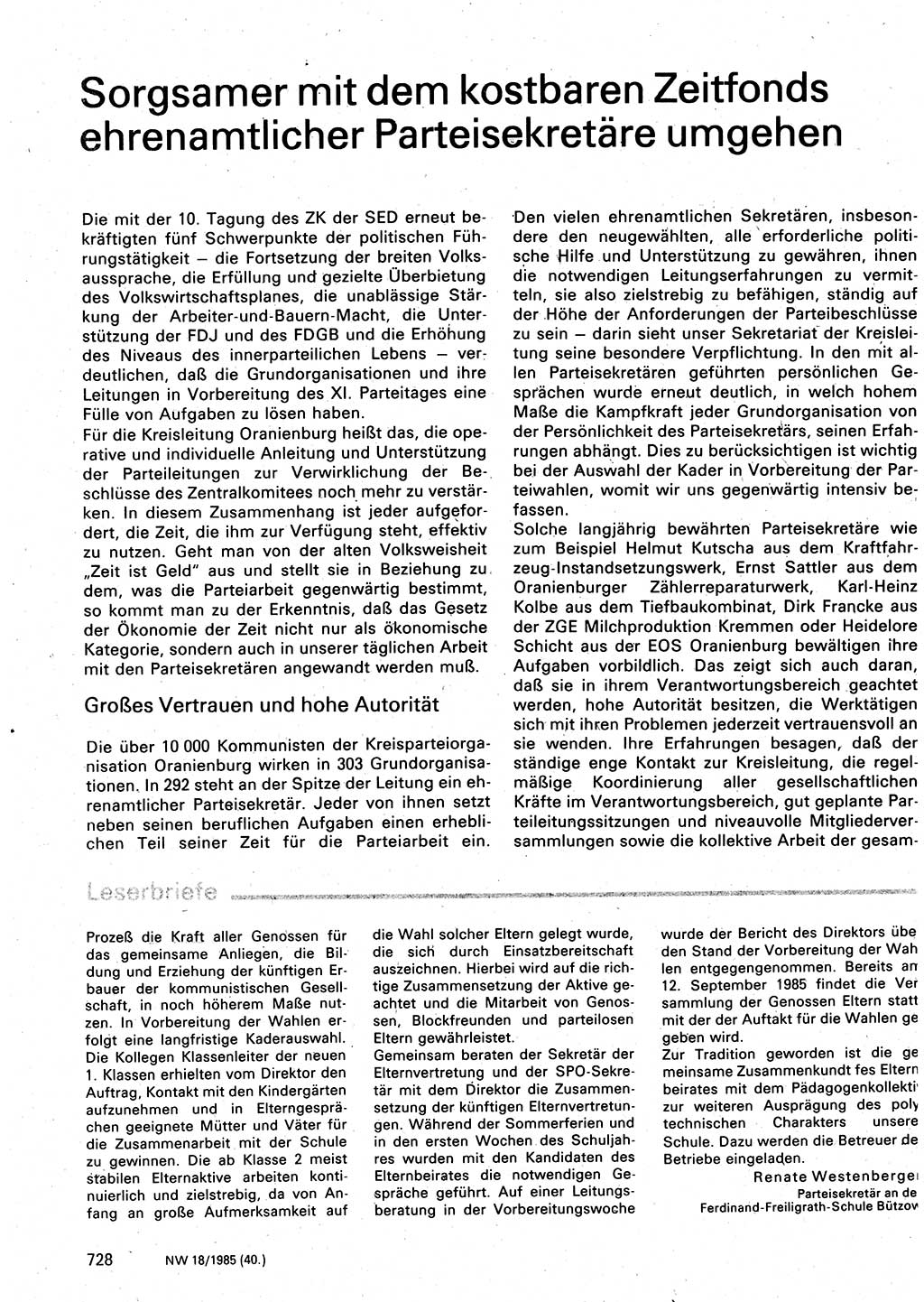 Neuer Weg (NW), Organ des Zentralkomitees (ZK) der SED (Sozialistische Einheitspartei Deutschlands) für Fragen des Parteilebens, 40. Jahrgang [Deutsche Demokratische Republik (DDR)] 1985, Seite 728 (NW ZK SED DDR 1985, S. 728)