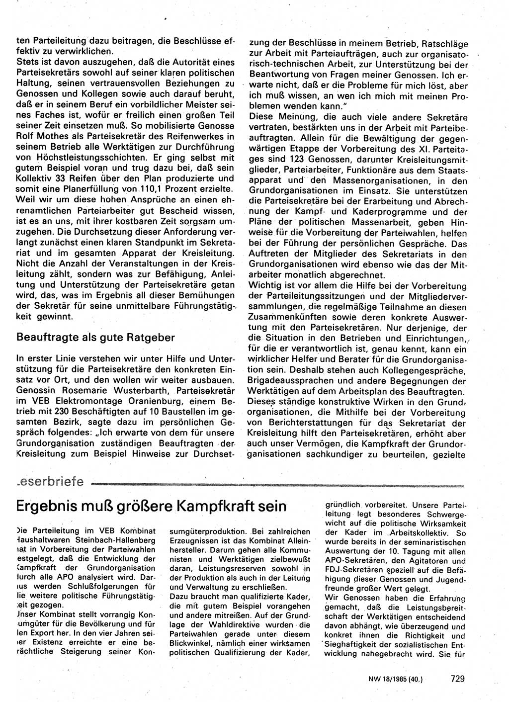 Neuer Weg (NW), Organ des Zentralkomitees (ZK) der SED (Sozialistische Einheitspartei Deutschlands) für Fragen des Parteilebens, 40. Jahrgang [Deutsche Demokratische Republik (DDR)] 1985, Seite 729 (NW ZK SED DDR 1985, S. 729)