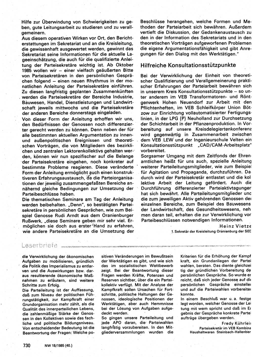 Neuer Weg (NW), Organ des Zentralkomitees (ZK) der SED (Sozialistische Einheitspartei Deutschlands) für Fragen des Parteilebens, 40. Jahrgang [Deutsche Demokratische Republik (DDR)] 1985, Seite 730 (NW ZK SED DDR 1985, S. 730)