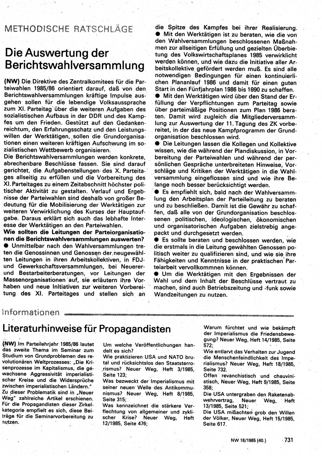 Neuer Weg (NW), Organ des Zentralkomitees (ZK) der SED (Sozialistische Einheitspartei Deutschlands) für Fragen des Parteilebens, 40. Jahrgang [Deutsche Demokratische Republik (DDR)] 1985, Seite 731 (NW ZK SED DDR 1985, S. 731)