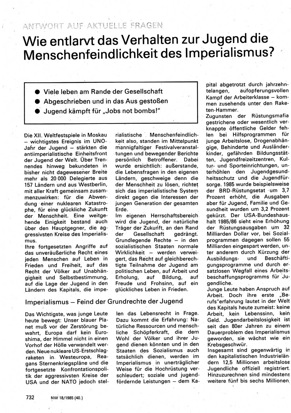 Neuer Weg (NW), Organ des Zentralkomitees (ZK) der SED (Sozialistische Einheitspartei Deutschlands) für Fragen des Parteilebens, 40. Jahrgang [Deutsche Demokratische Republik (DDR)] 1985, Seite 732 (NW ZK SED DDR 1985, S. 732)