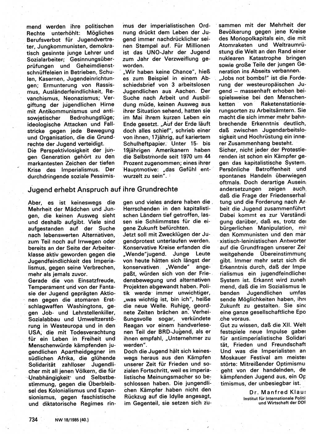 Neuer Weg (NW), Organ des Zentralkomitees (ZK) der SED (Sozialistische Einheitspartei Deutschlands) für Fragen des Parteilebens, 40. Jahrgang [Deutsche Demokratische Republik (DDR)] 1985, Seite 734 (NW ZK SED DDR 1985, S. 734)