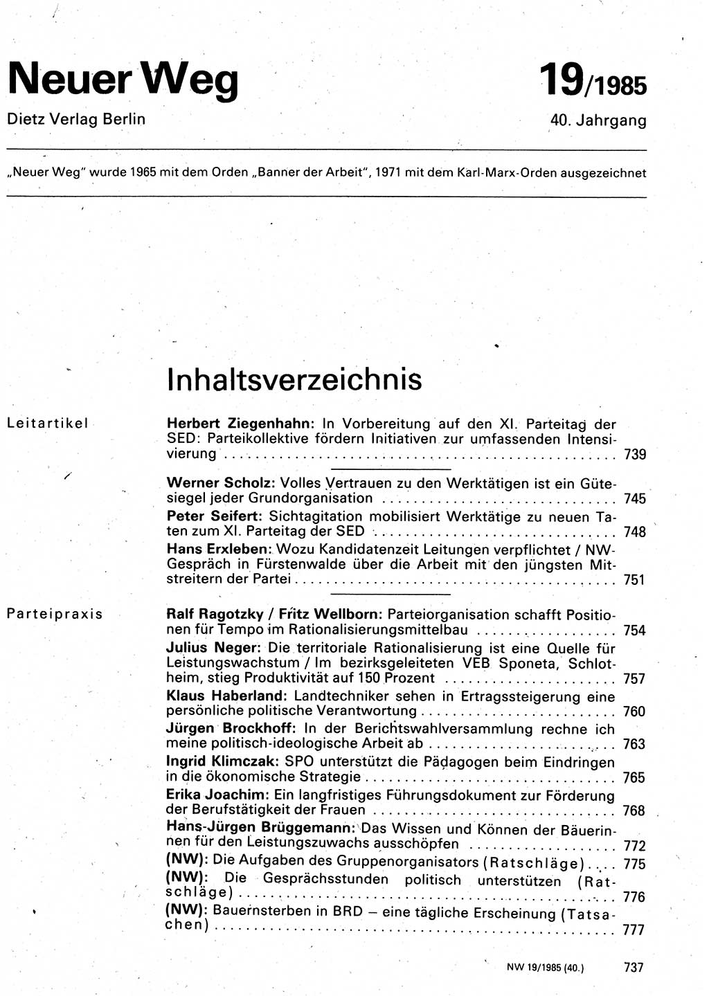 Neuer Weg (NW), Organ des Zentralkomitees (ZK) der SED (Sozialistische Einheitspartei Deutschlands) für Fragen des Parteilebens, 40. Jahrgang [Deutsche Demokratische Republik (DDR)] 1985, Seite 737 (NW ZK SED DDR 1985, S. 737)