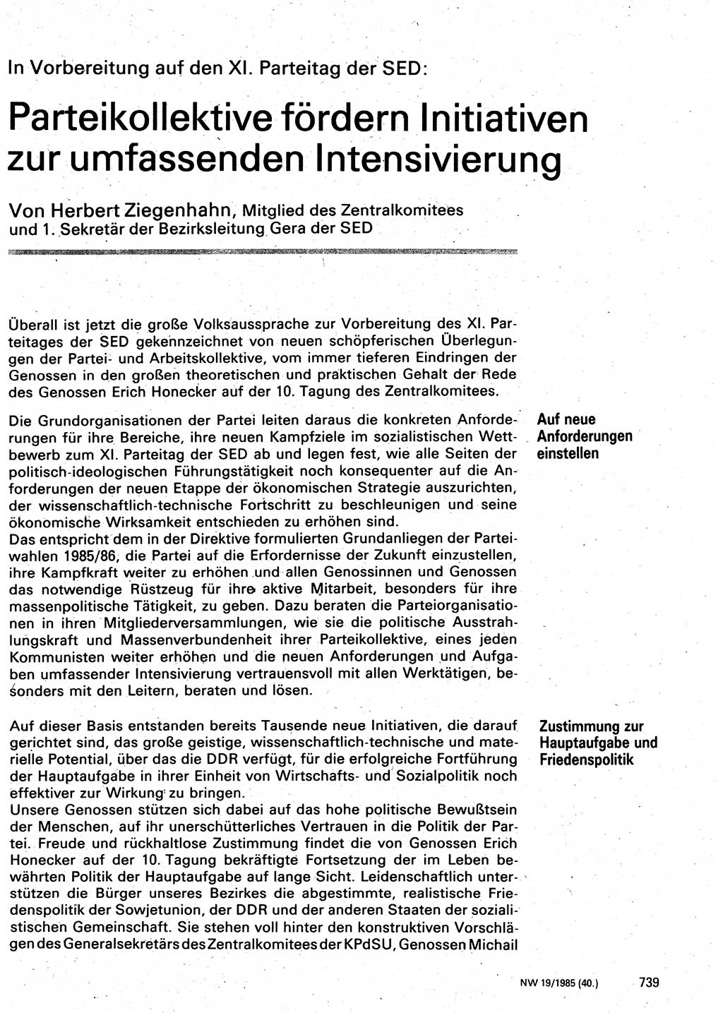 Neuer Weg (NW), Organ des Zentralkomitees (ZK) der SED (Sozialistische Einheitspartei Deutschlands) für Fragen des Parteilebens, 40. Jahrgang [Deutsche Demokratische Republik (DDR)] 1985, Seite 739 (NW ZK SED DDR 1985, S. 739)