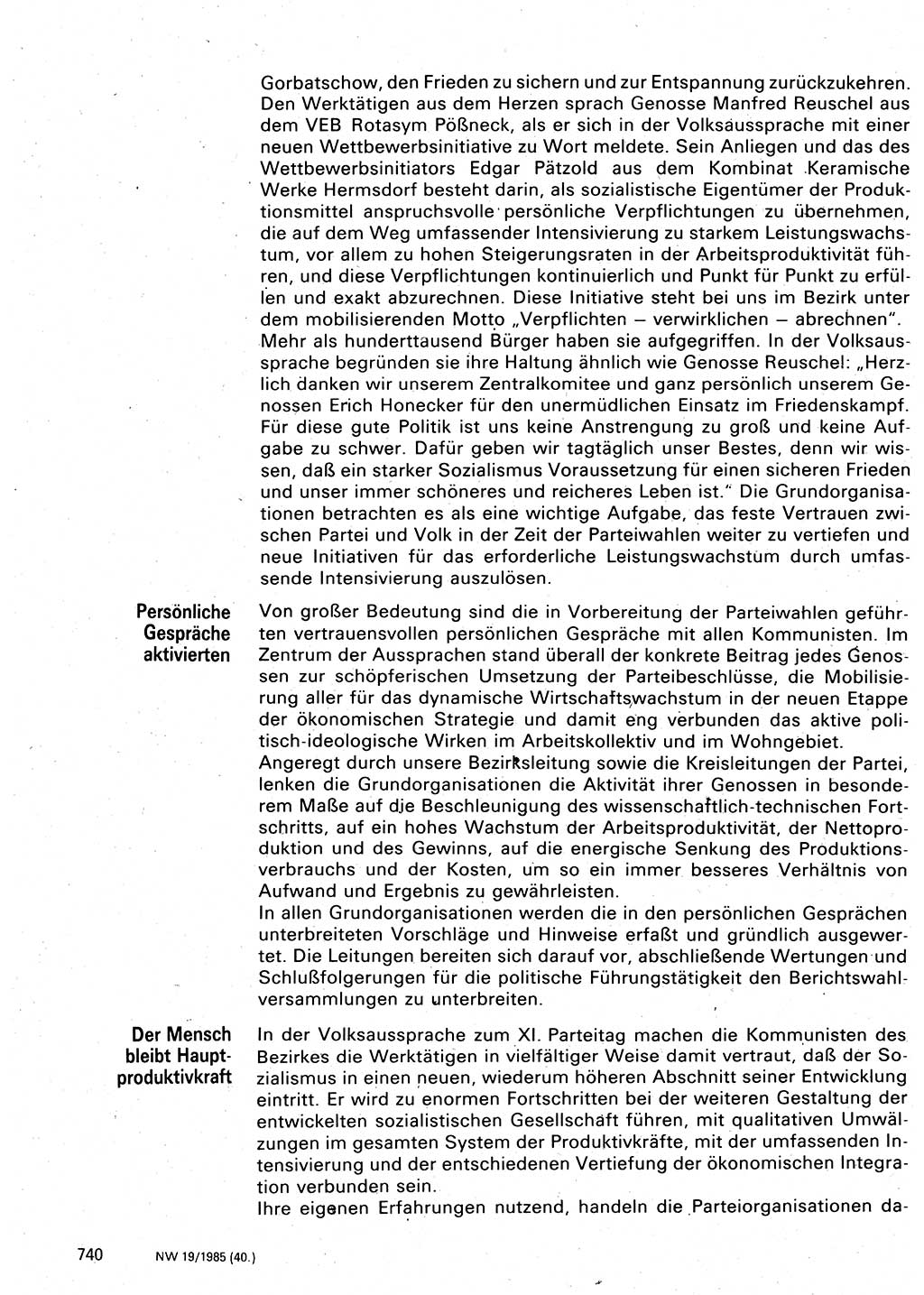 Neuer Weg (NW), Organ des Zentralkomitees (ZK) der SED (Sozialistische Einheitspartei Deutschlands) für Fragen des Parteilebens, 40. Jahrgang [Deutsche Demokratische Republik (DDR)] 1985, Seite 740 (NW ZK SED DDR 1985, S. 740)