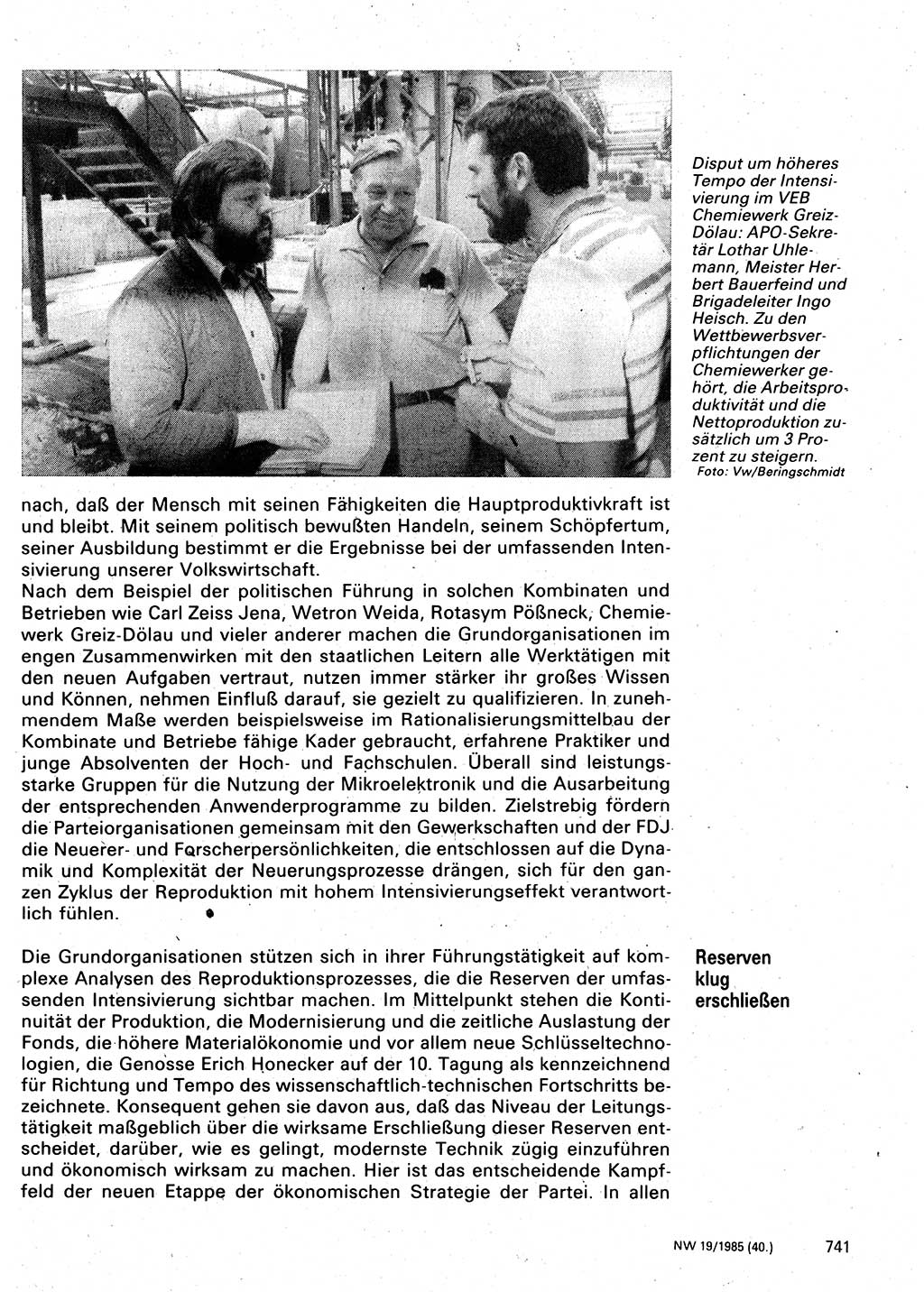 Neuer Weg (NW), Organ des Zentralkomitees (ZK) der SED (Sozialistische Einheitspartei Deutschlands) für Fragen des Parteilebens, 40. Jahrgang [Deutsche Demokratische Republik (DDR)] 1985, Seite 741 (NW ZK SED DDR 1985, S. 741)