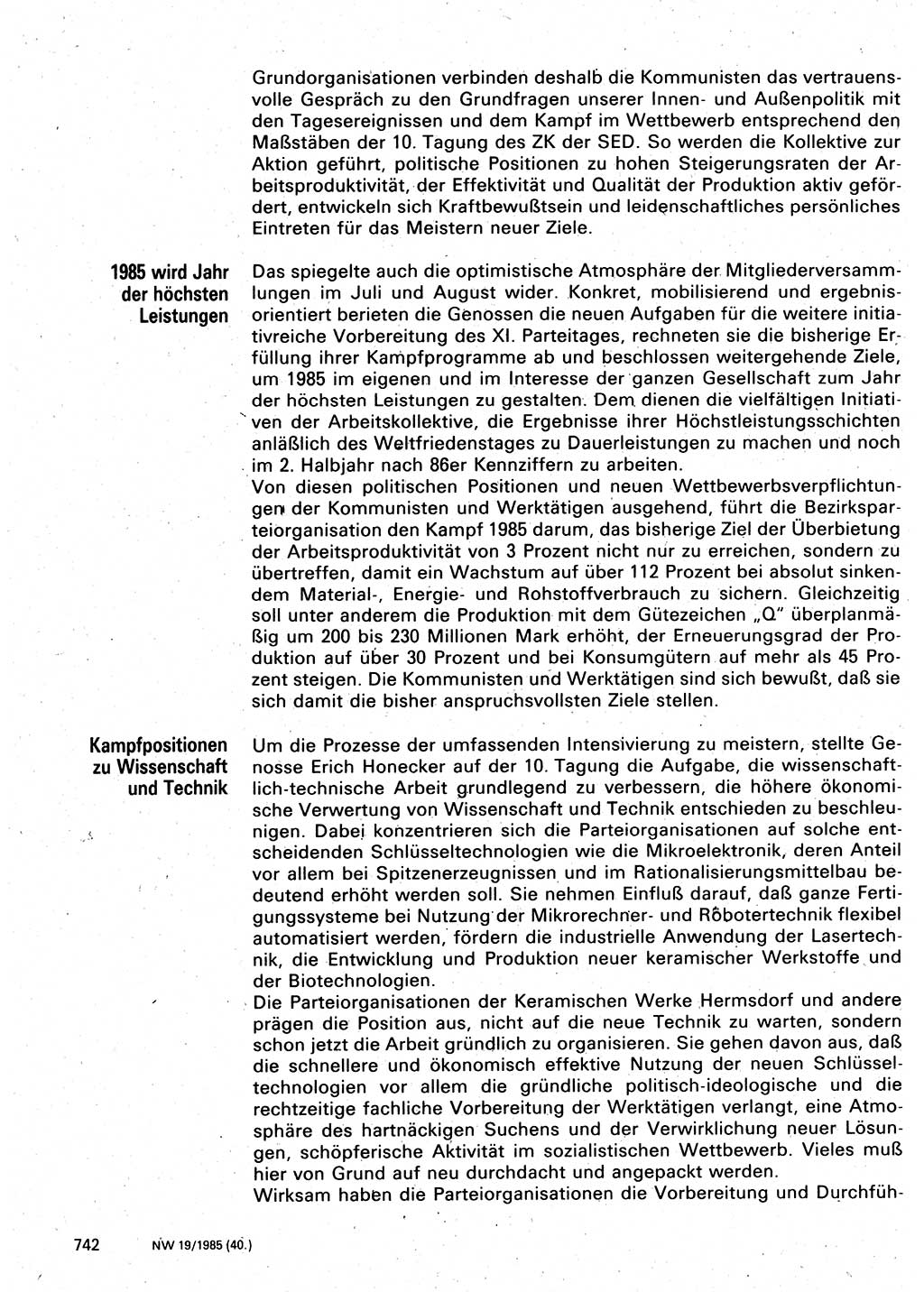 Neuer Weg (NW), Organ des Zentralkomitees (ZK) der SED (Sozialistische Einheitspartei Deutschlands) für Fragen des Parteilebens, 40. Jahrgang [Deutsche Demokratische Republik (DDR)] 1985, Seite 742 (NW ZK SED DDR 1985, S. 742)
