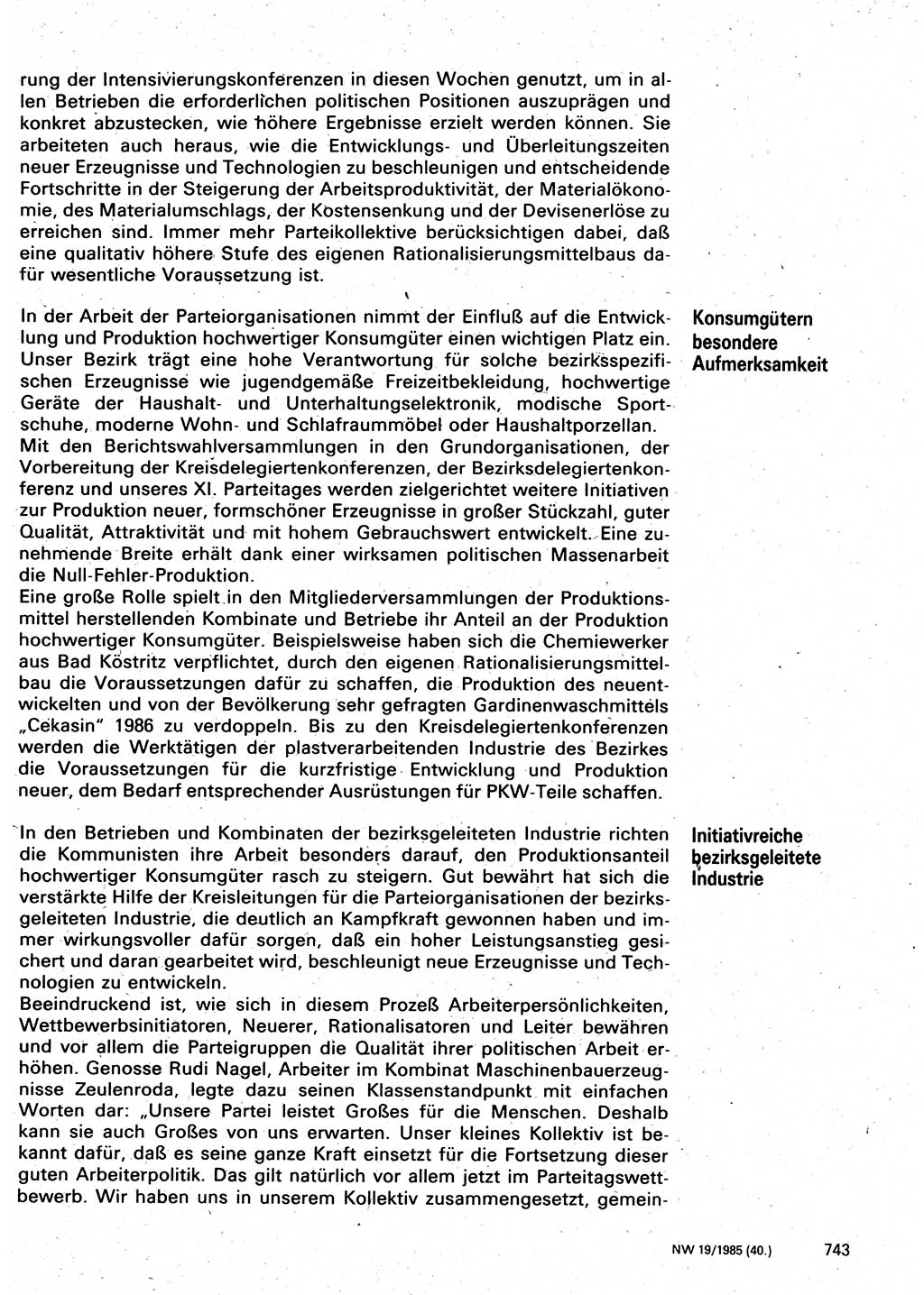Neuer Weg (NW), Organ des Zentralkomitees (ZK) der SED (Sozialistische Einheitspartei Deutschlands) für Fragen des Parteilebens, 40. Jahrgang [Deutsche Demokratische Republik (DDR)] 1985, Seite 743 (NW ZK SED DDR 1985, S. 743)
