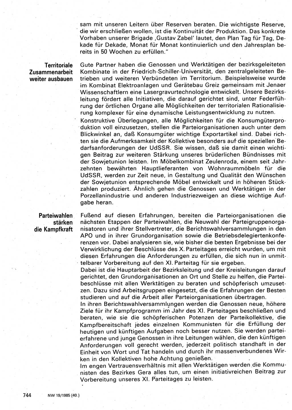 Neuer Weg (NW), Organ des Zentralkomitees (ZK) der SED (Sozialistische Einheitspartei Deutschlands) für Fragen des Parteilebens, 40. Jahrgang [Deutsche Demokratische Republik (DDR)] 1985, Seite 744 (NW ZK SED DDR 1985, S. 744)