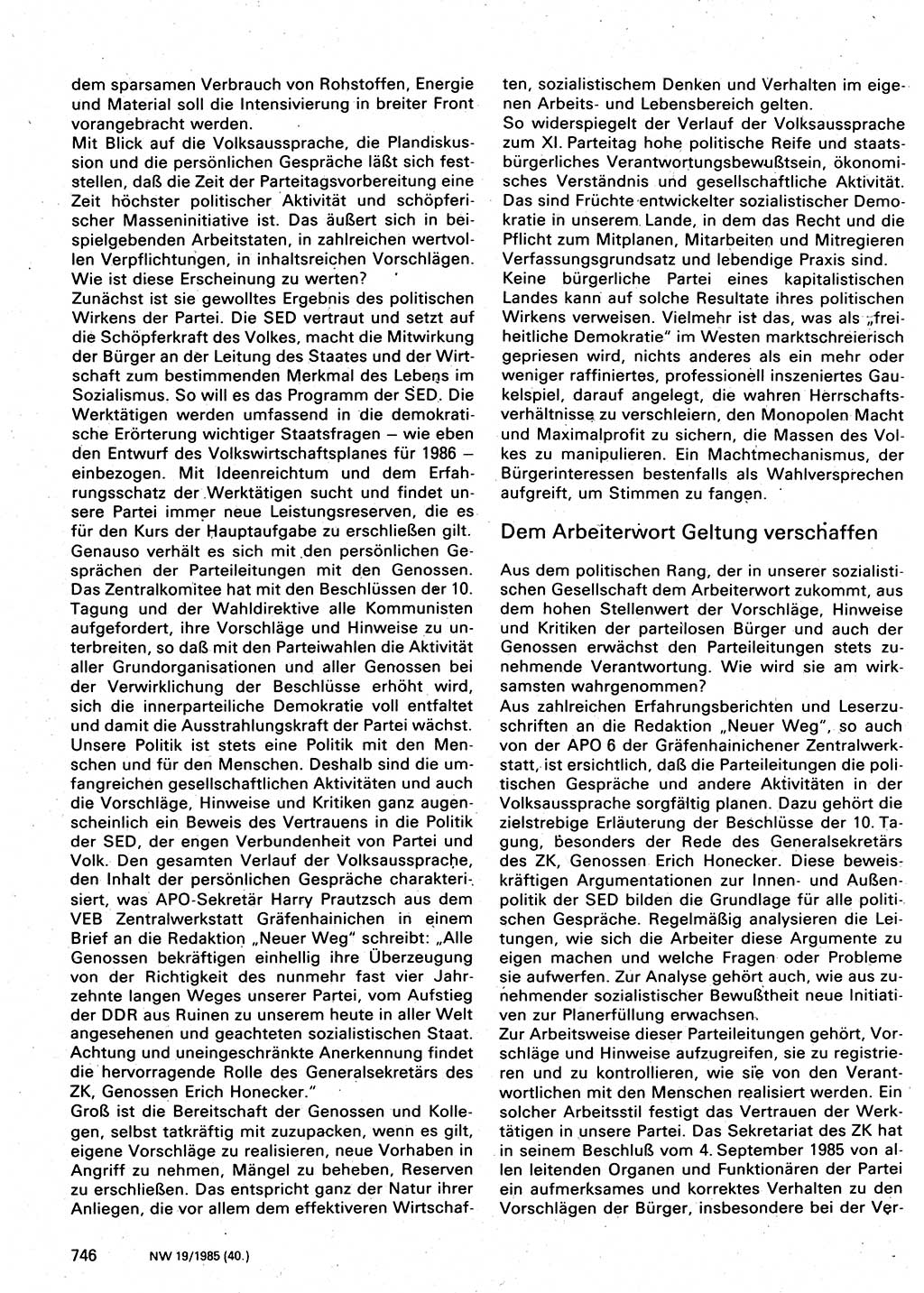 Neuer Weg (NW), Organ des Zentralkomitees (ZK) der SED (Sozialistische Einheitspartei Deutschlands) für Fragen des Parteilebens, 40. Jahrgang [Deutsche Demokratische Republik (DDR)] 1985, Seite 746 (NW ZK SED DDR 1985, S. 746)