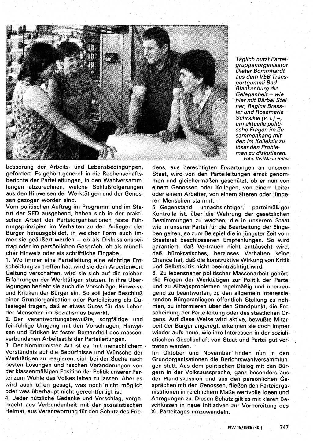 Neuer Weg (NW), Organ des Zentralkomitees (ZK) der SED (Sozialistische Einheitspartei Deutschlands) für Fragen des Parteilebens, 40. Jahrgang [Deutsche Demokratische Republik (DDR)] 1985, Seite 747 (NW ZK SED DDR 1985, S. 747)