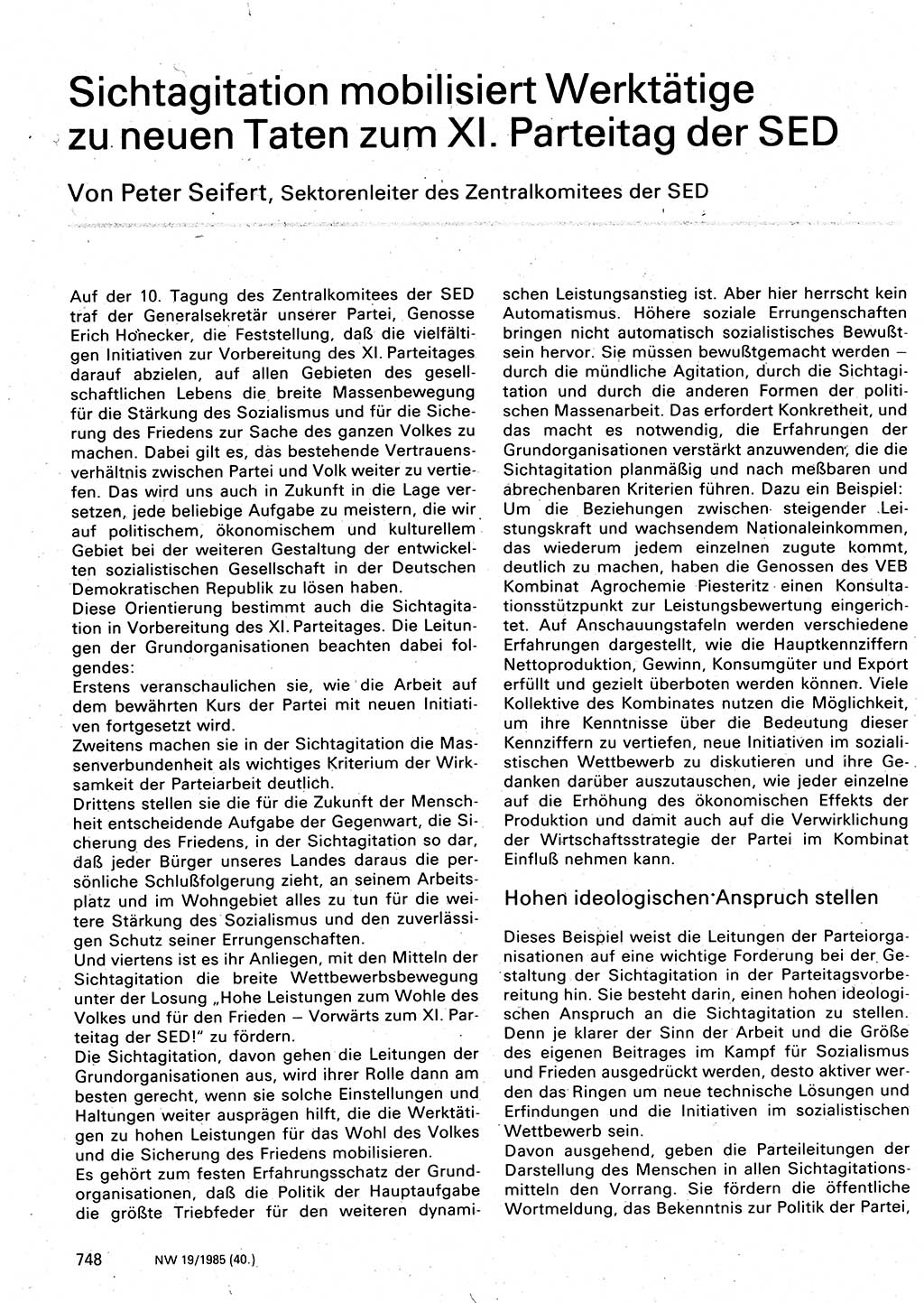 Neuer Weg (NW), Organ des Zentralkomitees (ZK) der SED (Sozialistische Einheitspartei Deutschlands) für Fragen des Parteilebens, 40. Jahrgang [Deutsche Demokratische Republik (DDR)] 1985, Seite 748 (NW ZK SED DDR 1985, S. 748)