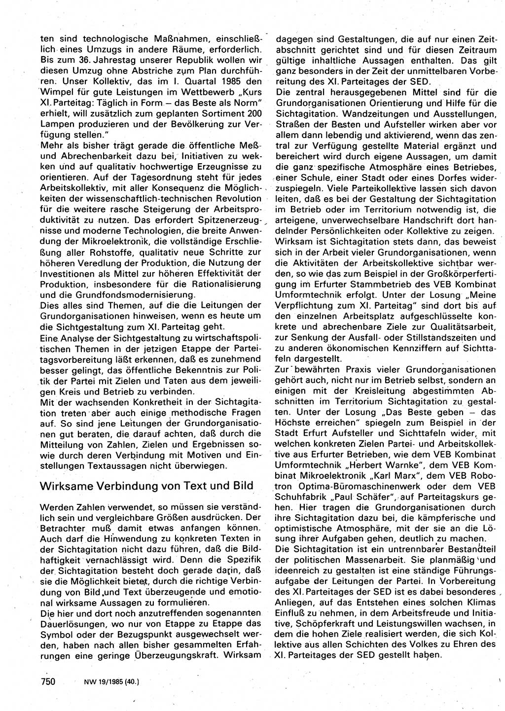 Neuer Weg (NW), Organ des Zentralkomitees (ZK) der SED (Sozialistische Einheitspartei Deutschlands) für Fragen des Parteilebens, 40. Jahrgang [Deutsche Demokratische Republik (DDR)] 1985, Seite 750 (NW ZK SED DDR 1985, S. 750)