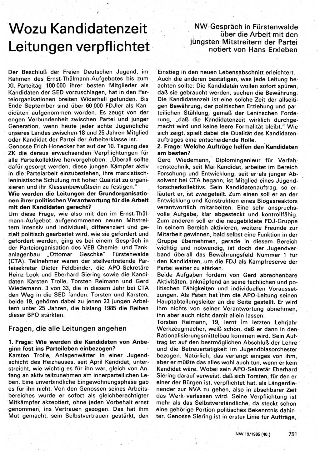 Neuer Weg (NW), Organ des Zentralkomitees (ZK) der SED (Sozialistische Einheitspartei Deutschlands) für Fragen des Parteilebens, 40. Jahrgang [Deutsche Demokratische Republik (DDR)] 1985, Seite 751 (NW ZK SED DDR 1985, S. 751)