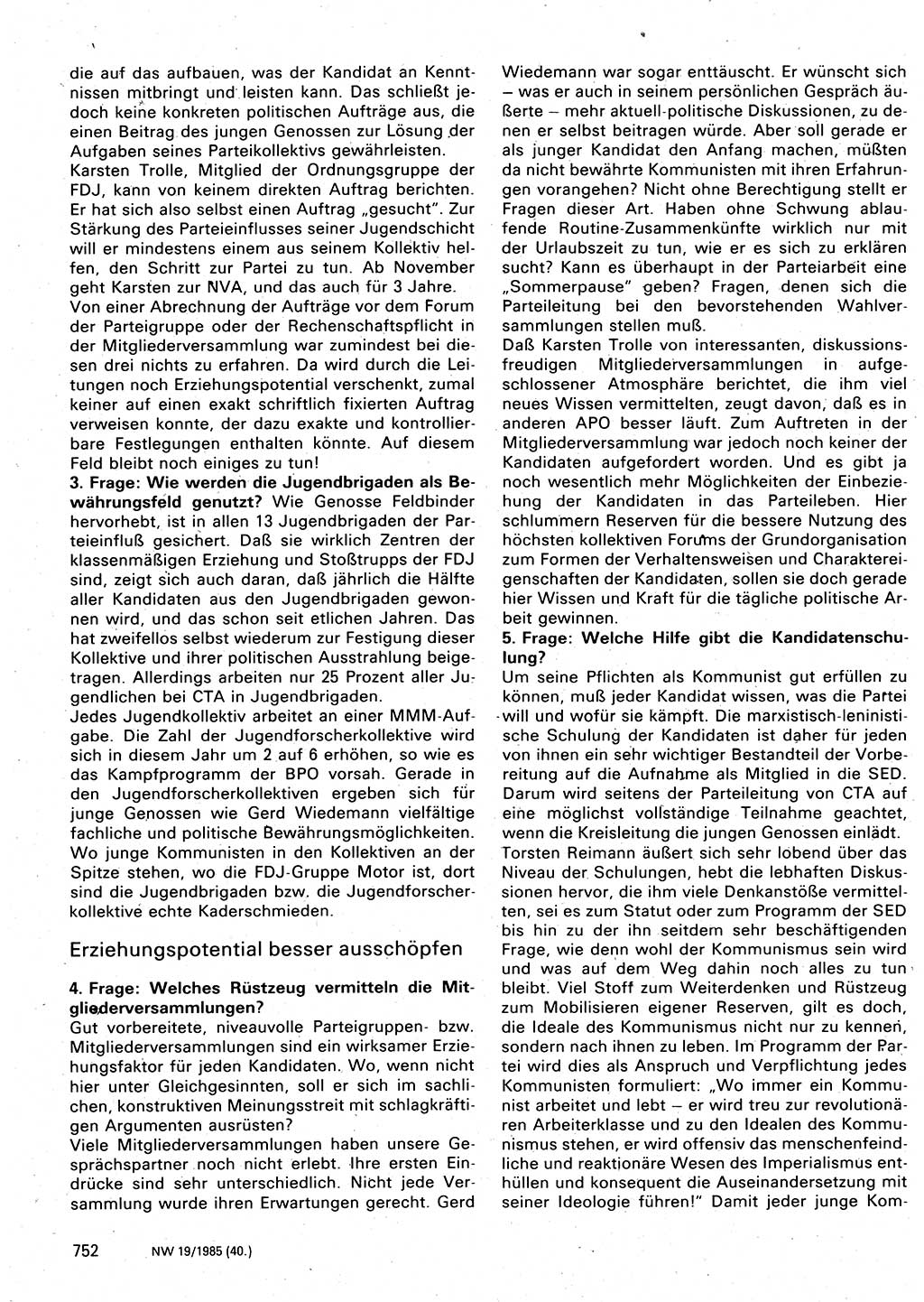 Neuer Weg (NW), Organ des Zentralkomitees (ZK) der SED (Sozialistische Einheitspartei Deutschlands) für Fragen des Parteilebens, 40. Jahrgang [Deutsche Demokratische Republik (DDR)] 1985, Seite 752 (NW ZK SED DDR 1985, S. 752)