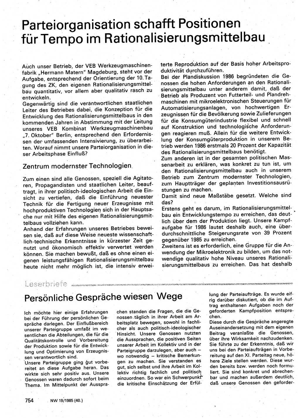 Neuer Weg (NW), Organ des Zentralkomitees (ZK) der SED (Sozialistische Einheitspartei Deutschlands) für Fragen des Parteilebens, 40. Jahrgang [Deutsche Demokratische Republik (DDR)] 1985, Seite 754 (NW ZK SED DDR 1985, S. 754)
